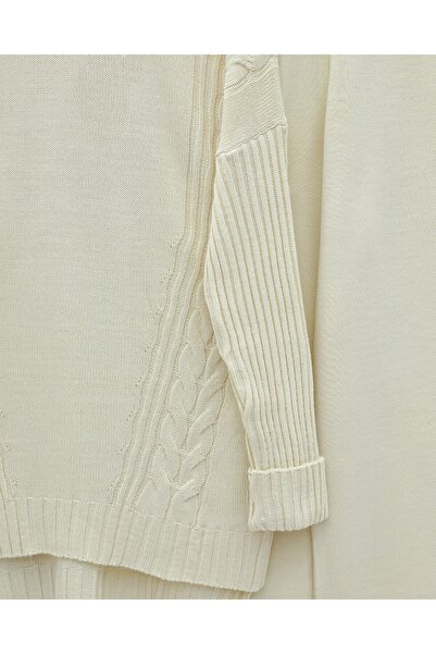 Modamorfo Knitted Patterned Long Back Knitwear Set - Ecru