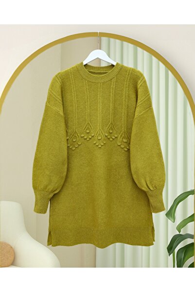 Modamorfo Round Neck Soft Knit Tunic with Ribbon and Pom-Pom Detail - Oil Green
