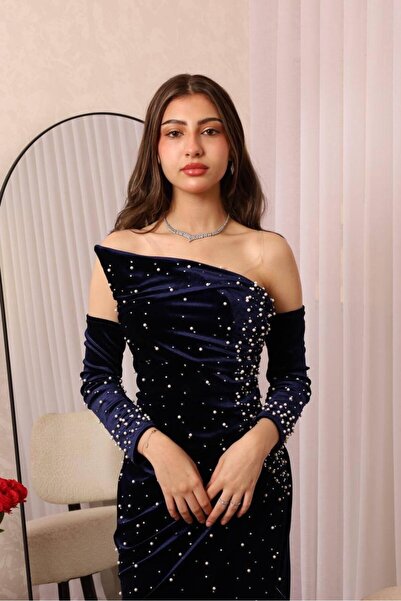 Generic Dark blue evening dress embroidered with pearls