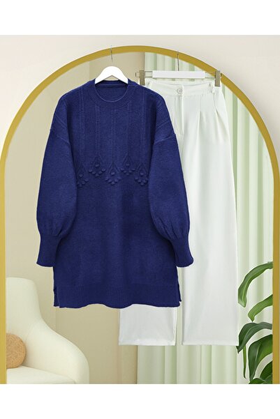 Modamorfo Μαλακό πλεκτό τούνικ με στρογγυλή λαιμόκοψη με λεπτομέρεια από κορδέλα και πομπόν - Ναυτικό