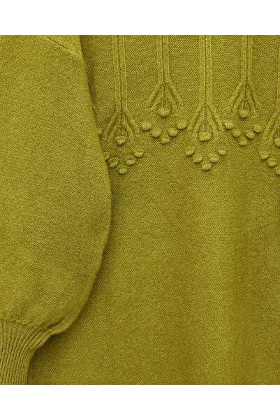 Modamorfo Round Neck Soft Knit Tunic with Ribbon and Pom-Pom Detail - Oil Green