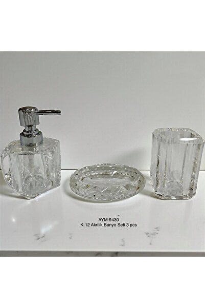 Hinora Kristal Model PLASTİK AKRİLİK Sabunluk Seti 3 Parça (Oval Katı Sabunlu...