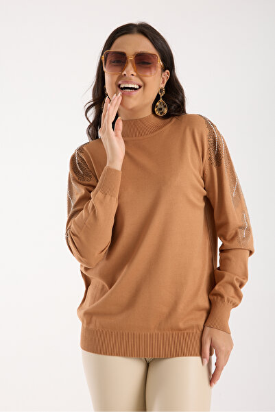 Moda Days Women's Beige Elite Viscose Fabric Stone Detailed Shoulder Half Tur...