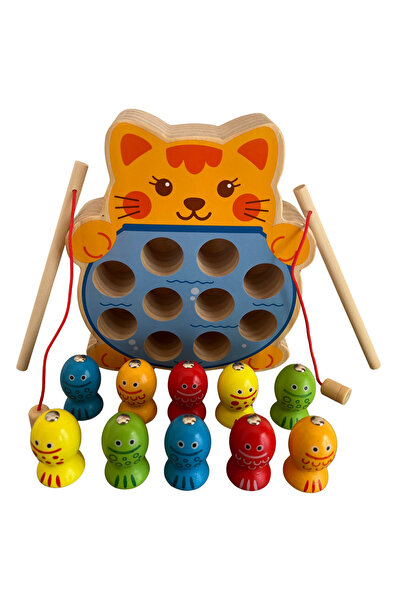 OEM Joc de pescuit magnetic Montessori din lemn – Pisica cu 10 pestisori mult...