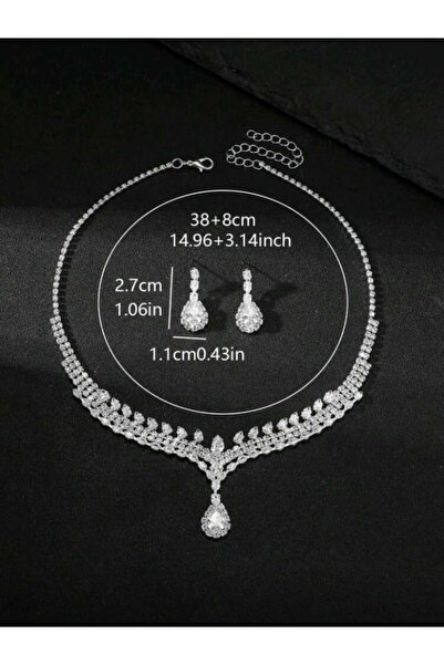 Ümaks Silvers Zircon Stone Drop Model Bridal Jewelry Set – Silver Color Necklace and Earrings