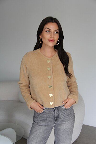 Julidress Snap Fastener Metal Gold Heart Buttoned Premium Cardigan with Beard