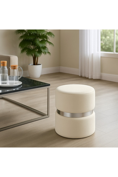 elissa home Luxery Puf - Krem Spor Dikişli GÜMÜŞ Detaylı Silinebilir Kadife Kumaş Modern Lüx Puf - Makyaj Pufu