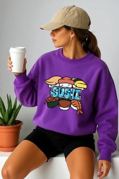 ArtYus Mânecă lungă unisex Sushi Transfer cu imprimeu guler rotund piese Swea...