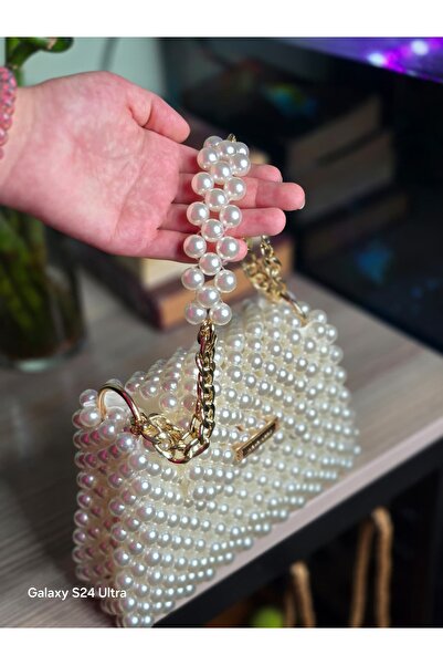 MİRİ SHOOP El Yapımı Boncuklu Zarif Kadın Çantası – gold & krem Detaylı