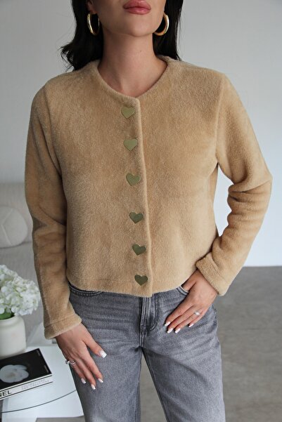 Julidress Snap Fastener Metal Gold Heart Buttoned Premium Cardigan with Beard