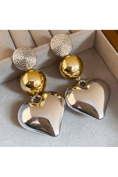 GlitzOra Vintage Exaggerated Golden and Silvery Color Heart-Shaped Earrings