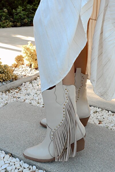 POLKA STORE Deep Tassel Detailed Trock Short Bitter Brown Western Women's Cowboy Boots