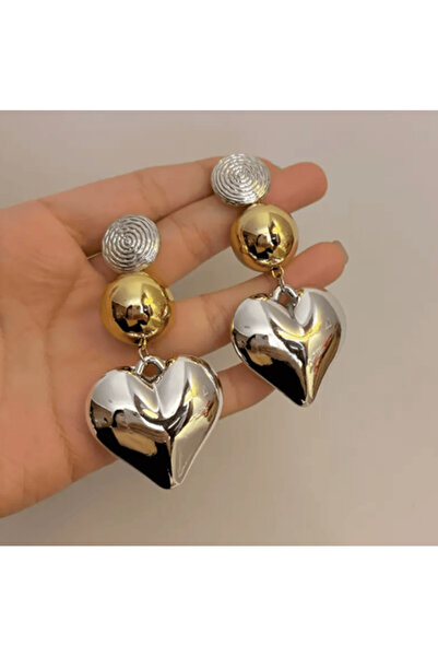 GlitzOra Vintage Exaggerated Golden and Silvery Color Heart-Shaped Earrings