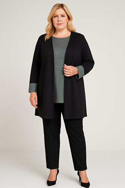 HÜLYA BUTİK Women's Plus Size Black Jacket with Inner Blouse Stitching Glitter Blouse