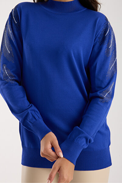 Clothes Fast Women's Saks Blue Elite Viscose Fabric Stone Detailed Shoulders Half Turtleneck Knitwear Blouse