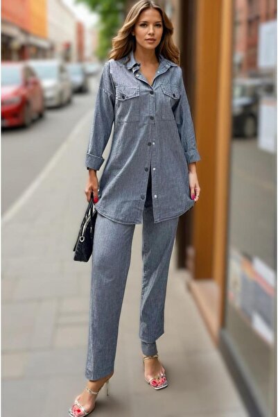 Pasaklı Giyim Women's Anthracite Bottom Top Set-Long Sleeve Pocket Shirt, Elastic Waist Trousers 3317451