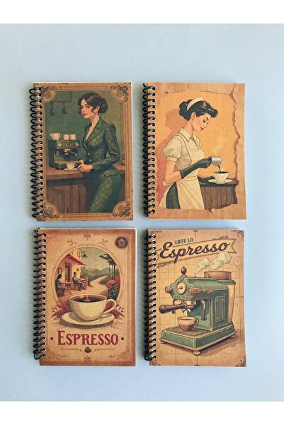 Pridas Espresso Temalı Vintage Çizgisiz 4lü A6 Kraft Defter Seti