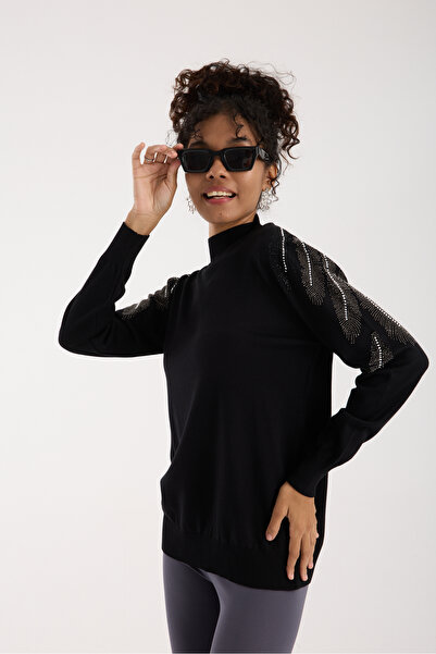 Clothes Fast Women's Black Elite Viscose Fabric Stone Detailed Shoulders Half Turtleneck Knitwear Blouse