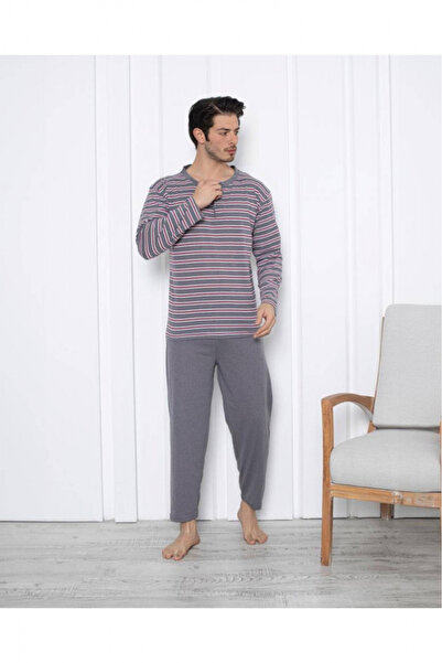 embody Men's cotton pyjamas, large size, long sleeves and trousers, striped, grey 16184