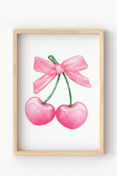 MIOVI Ahşap Çerçeveli Pembe Kiraz ve Fiyonk Poster – Modern Dekoratif Duvar T...