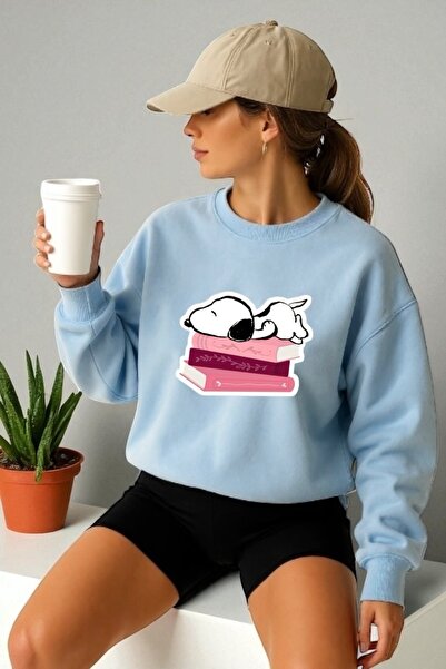 ArtYus Unisex Uzun Kol Snoopy Kitaplar Transfer Baskılı Bisiklet Yakalı Sweatshirt
