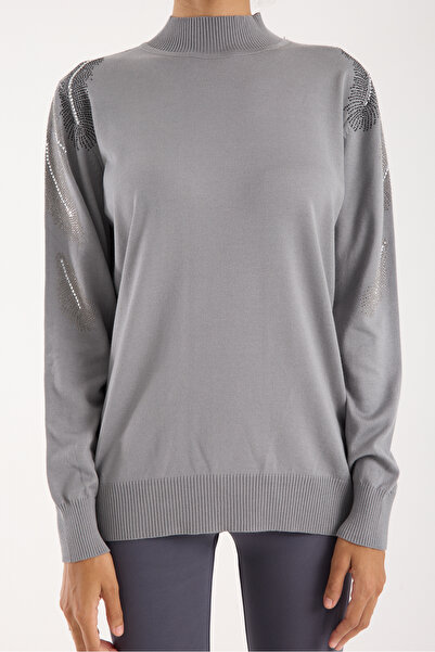 Moda Days Women's Gray Elite Viscose Fabric Stone Detailed Shoulder Half Turtleneck Knitwear Blouse