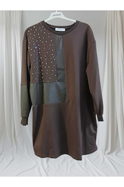 Puane Women's Tunic with Leather Trim on the Sleeves and Front and Stone Detailing