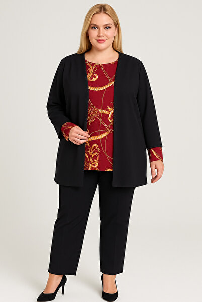 HÜLYA BUTİK Women's Plus Size Black Jacket with Burgundy Patterned Blouse Inside