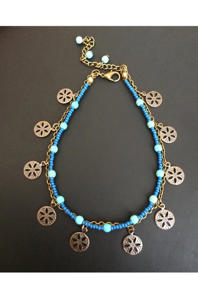 Birtakı'm Şeyler Authentic Handmade Crimped Turquoise Stone Sequin Anklet