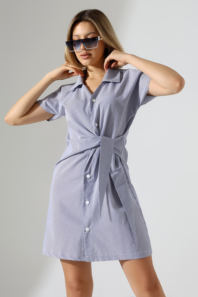 Mois Atelier Mavi-Beyaz Çizgili Kısa Kol Kuşak Detaylı Çıt Çıt Kapama Kadın Gömlek-Elbise Tasarım Büyük Beden