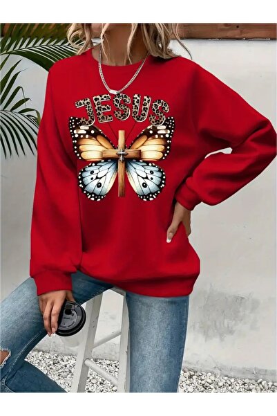 SVART WEAR Sweatshirt oversize cu gât crew, imprimat, cu trei fire, cu textur...