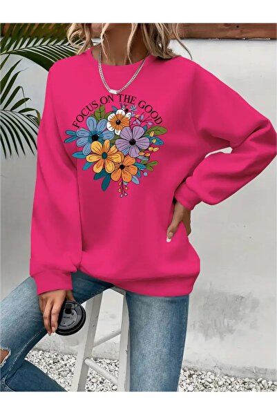 SVART WEAR Sweatshirt oversize cu gât crew, imprimat, cu trei fire, cu textur...