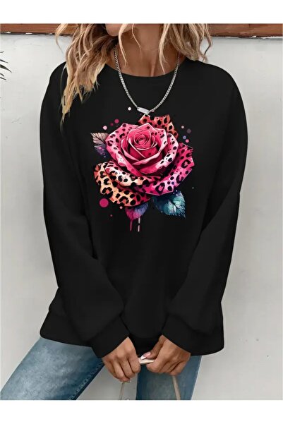 SVART WEAR Sweatshirt oversize cu gât crew, imprimat, cu trei fire, cu textur...