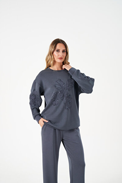 MİA NOURA Women's Front and Sleeves Embroidered Sweatshirt Set