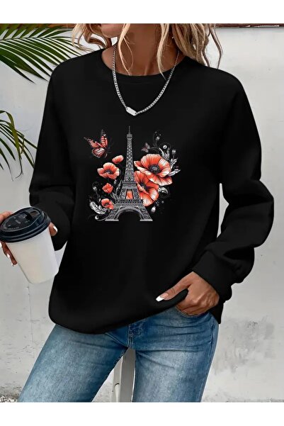 SVART WEAR Sweatshirt oversize cu gât crew, imprimat, cu trei fire, cu textur...