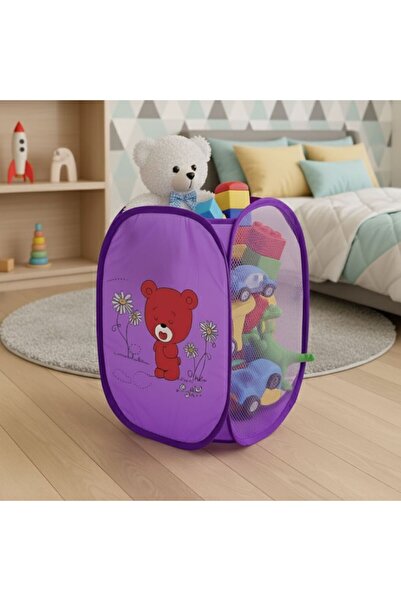 TARIK HOME Katlanabilir Fileli Oyuncak Sepeti / Çamaşır Kutusu - Ayıcık Desenli Çocuk Odası Düzenleyici Mor