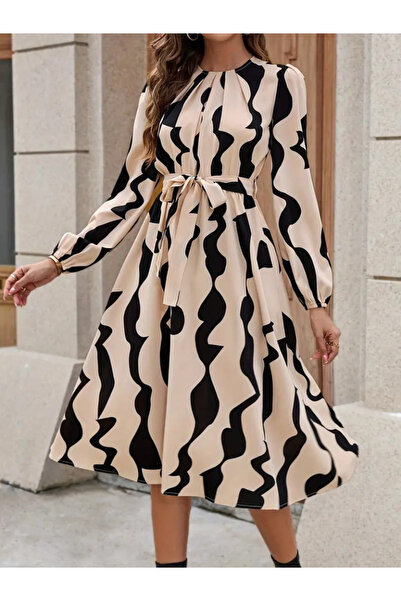 JANES Dámské midi šaty s dlouhým rukávem a výstřihem do V se vzorem a páskem v pase