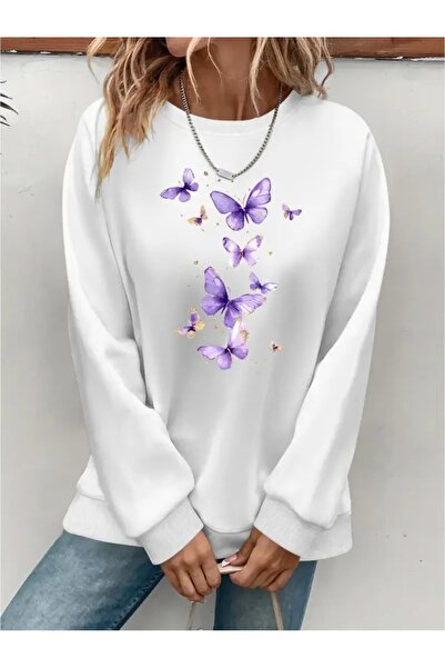 YUNAYT Sweatshirt oversize cu gât crew, imprimat, cu trei fire, cu textură ch...