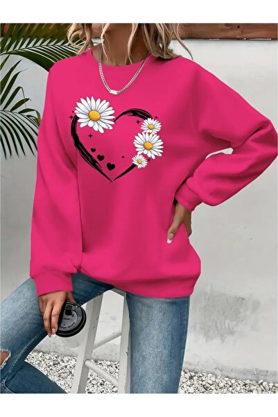 SVART WEAR سترة رياضية مطبوعة بياقة دائرية وحجم كبير مصنوعة من ثلاث خيوط مع ت...