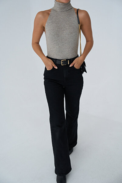 LOOSH Kadın Vizon Balıkçı Yaka Kolsuz Triko Bluz