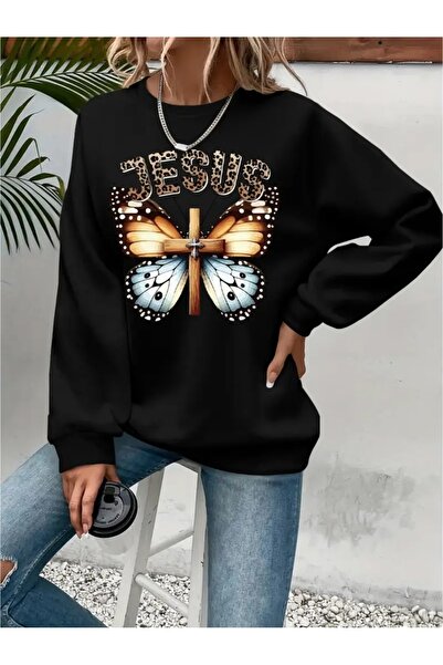 SVART WEAR Sweatshirt oversize cu gât crew, imprimat, cu trei fire, cu textur...