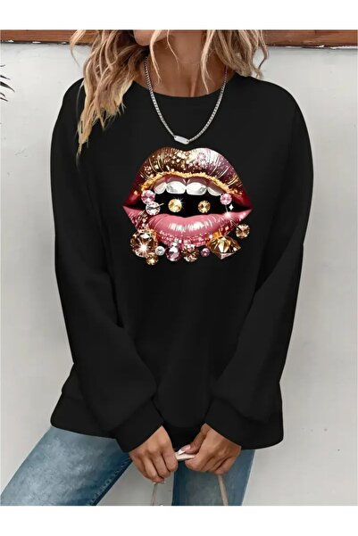SVART WEAR Sweatshirt oversize cu gât crew, imprimat, cu trei fire, cu textur...