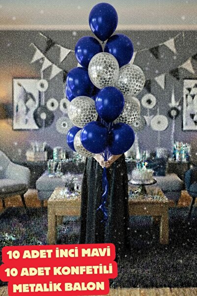 Baloncu Nene Mavi Balon ve Gümüş Konfetili 20 Adet Balon Mavi Balon Parti Doğum Günü Süsleme Seti