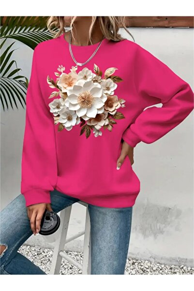 SVART WEAR Sweatshirt oversize cu gât crew, imprimat, cu trei fire, cu textur...