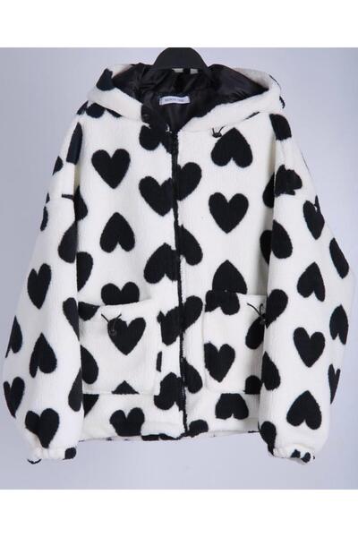 VERA LİFE BEYAZ SİYAH KAPÜŞONLU FERMUARLI KADIN KALPLİ SWEAT MONT