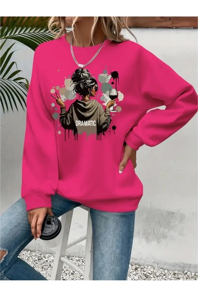 SVART WEAR Sweatshirt oversize cu gât crew, imprimat, cu trei fire, cu textur...