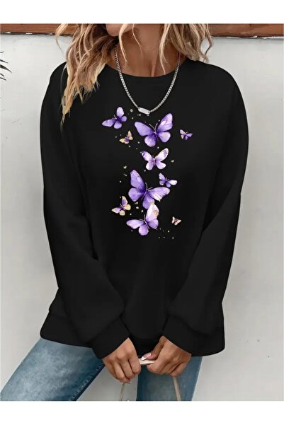 SVART WEAR Sweatshirt oversize cu gât crew, imprimat, cu trei fire, cu textur...