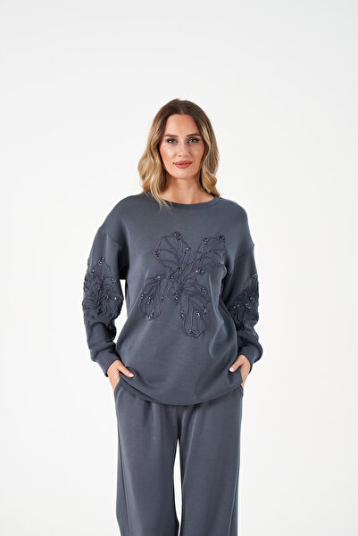 MİA NOURA Women's Front and Sleeves Embroidered Sweatshirt Set