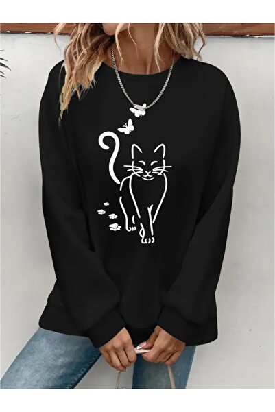 SVART WEAR Sweatshirt oversize cu gât crew, imprimat, cu trei fire, cu textur...