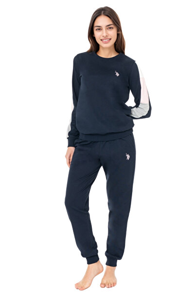 U.S. Polo Assn. Women's Navy Blue Long Sleeve Pajama Set – Color Block Cotton Comfortable Home & Sleep Set